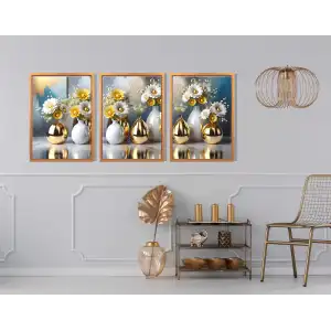 3 Parça Çerçeveli Vazoda Çiçekler Ahşap Tablo seti, Ev Dekoru