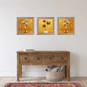 3 Parça Eskitme Çerçeveli Gümüş ve Altın Çiçekler Ahşap Tablo Seti, Ev Dekoru