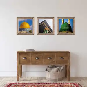 3 Parça Eskitme Çerçeveli Mescidi Haram, Aksa ,Nebevi Tablo Seti, Ev dekoru