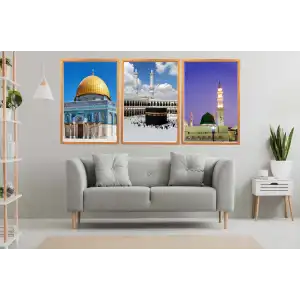 3 Parça Mescid-i Haram, Aksa, Nebevi Çerçeveli Ahşap Tablo Seti