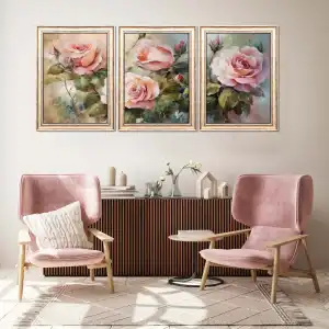 3 Parça Pembe Güller Eskitme Çerçeveli Ahşap Tablo Seti, Ev Dekoru