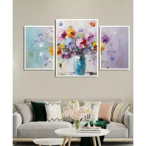 3 Parça Vazoda Renkli Çiçekler Çerçeveli Ahşap Tablo Seti