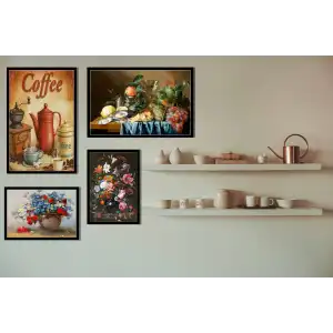 4 Parça Çerçeveli Ahşap Mutfak Tablo Seti, Ev Dekoru, Mutfak