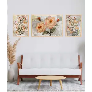 Açan Güller Çerçeveli Ahşap Tablo Seti, 3 Parça, Duvar Tablosu