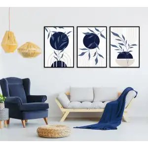 Bestablo 3 Parça Çerçeveli Navy Blue Boho Ahşap Tablo Seti Bestablo