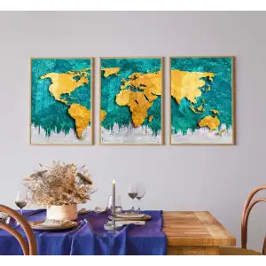 Bestablo 3 Parça Dünya Haritası Çerçeveli Ahşap Tablo Seti Bestablo