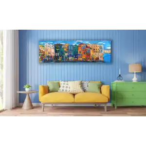 Bestablo Yağlı Boya Görünümlü Renkli Evler Kanvas Tablo Ev Dekoru, Bestablo