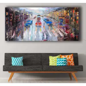 Bestablo Yağlı Boya Görünümlü Şehir ve Trafik Kanvas Tablo, Ev Dekoru, Bestablo