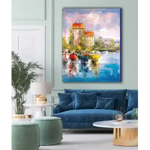 YAĞLI BOYA GÖRÜNÜMLÜ GÖL MANZARASI KANVAS TABLO