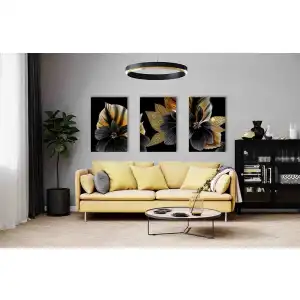 3 Parça Altın Çiçek Kanvas Tablo
