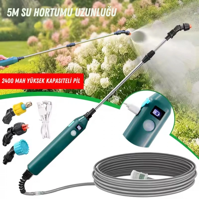 ShopyTech 2400 mAh Şarjlı Sulama Tabancası 3 Başlık Teleskopik Çubuk 5 m Emiş Hortumu Type,C