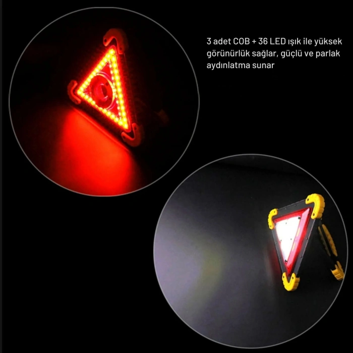 ShopyTech Şarjlı Üçgen İkaz Lambası COB LED Araç Arıza Uyarı Lambası USB Şarjlı Acil Durum Trafik Güvenlik Işığı