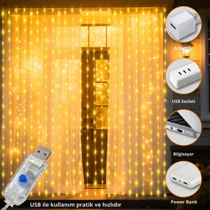 ShopyTech 300 LED USB Perde Işık 8 Modlu Uzaktan Kumandalı Gün Işığı Dekoratif LED Peri Işığı