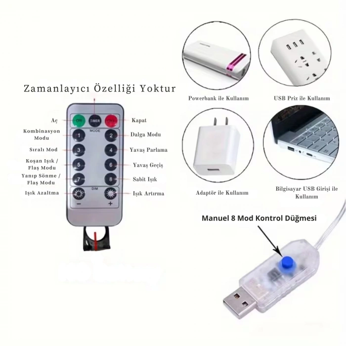 ShopyTech 300 LED USB Perde Işık 8 Modlu Uzaktan Kumandalı Gün Işığı Dekoratif LED Peri Işığı