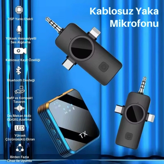 ShopyTech Kablosuz 4ü 1 Arada Yaka Mikrofonu Type-C Lightning 3.5mm Uyumlu Gürültü Azaltmalı Telefon Kamera Mikrofonu