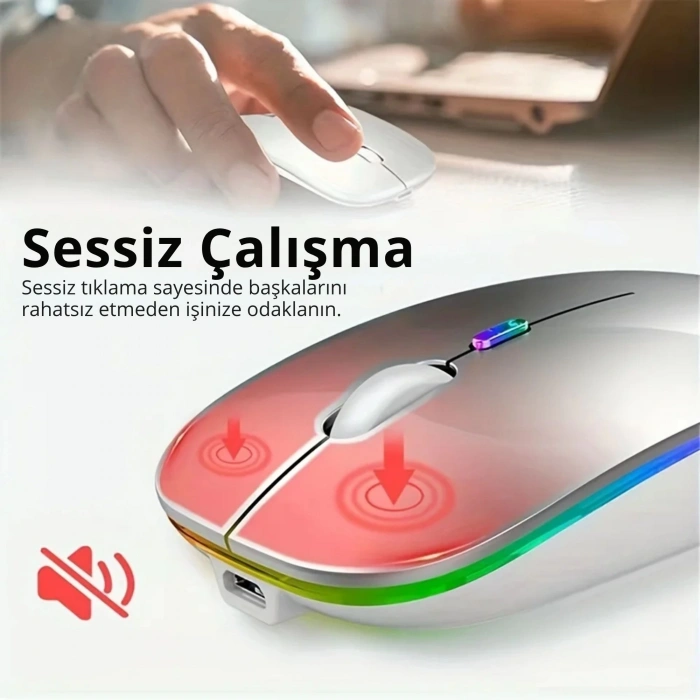Shopy Tech Çift Mod Kablosuz Mouse Bluetooth 5.2 + 2.4G Şarjlı Sessiz Tıklama RGB Işıklı (500 mAh)GÜMÜŞ