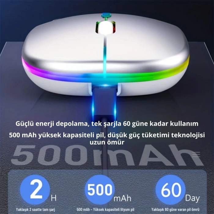 Shopy Tech Çift Mod Kablosuz Mouse Bluetooth 5.2 + 2.4G Şarjlı Sessiz Tıklama RGB Işıklı (500 mAh)GÜMÜŞ