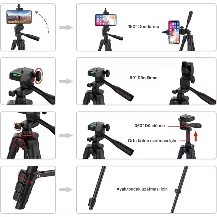 ShopyTech 102 cm Hafif Tripod  Telefon/Kamera Uyumlu Bluetooth Uzaktan Deklanşörlü 360° 3-Yönlü Kafa/GÜMÜŞ