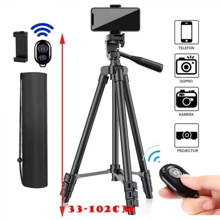 ShopyTech 102 cm Hafif Tripod  Telefon/Kamera Uyumlu Bluetooth Uzaktan Deklanşörlü 360° 3-Yönlü Kafa/SİYAH