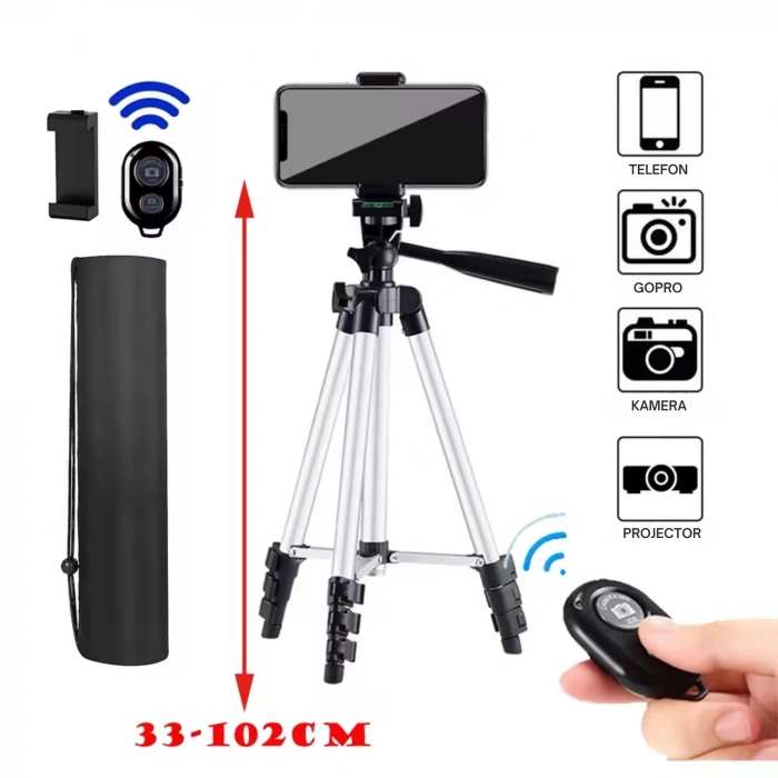 ShopyTech 102 cm Hafif Tripod  Telefon/Kamera Uyumlu Bluetooth Uzaktan Deklanşörlü 360° 3-Yönlü Kafa/SİYAH