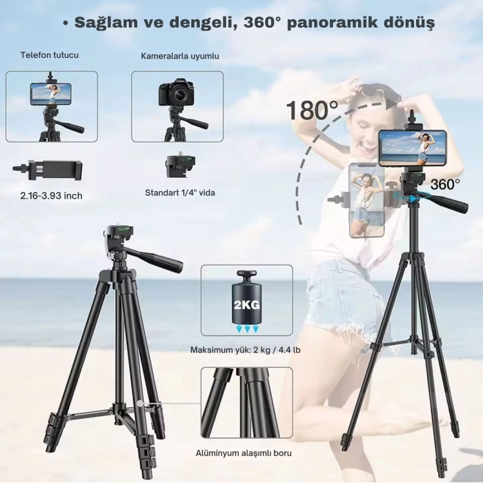 ShopyTech 102 cm Hafif Tripod  Telefon/Kamera Uyumlu Bluetooth Uzaktan Deklanşörlü 360° 3-Yönlü Kafa/SİYAH