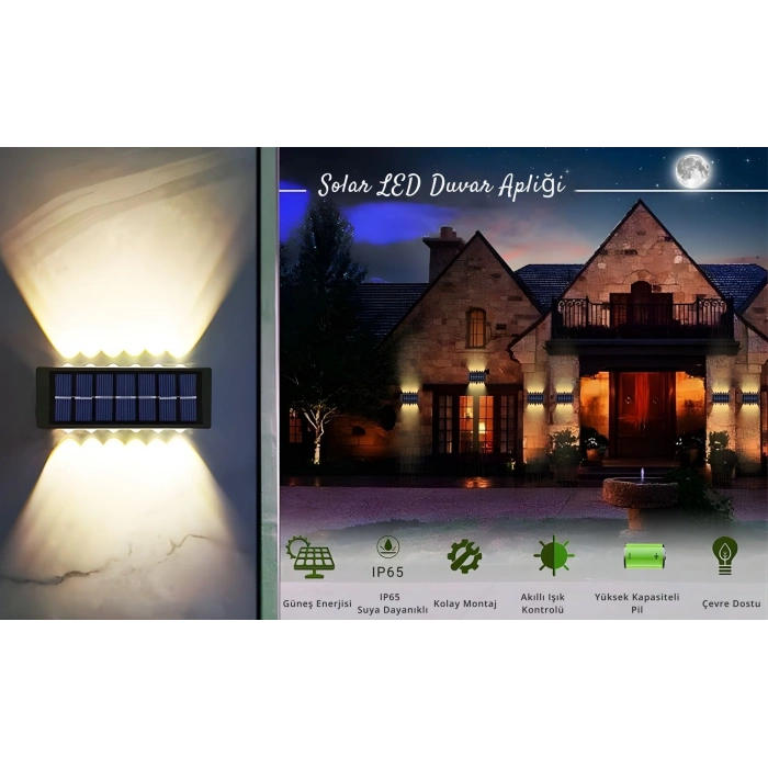 ShopyTech 12 LED Güneş Enerjili Çift Yönlü Duvar Lambası IP65 Otomatik Gece Aydınlatma Kablolamasız Montaj