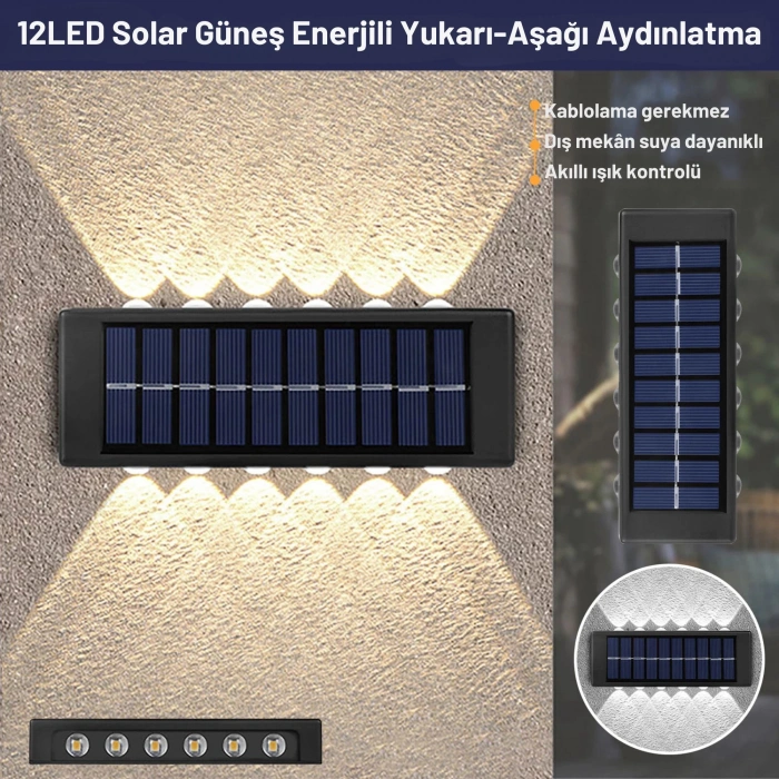 ShopyTech 12 LED Güneş Enerjili Çift Yönlü Duvar Lambası IP65 Otomatik Gece Aydınlatma Kablolamasız Montaj