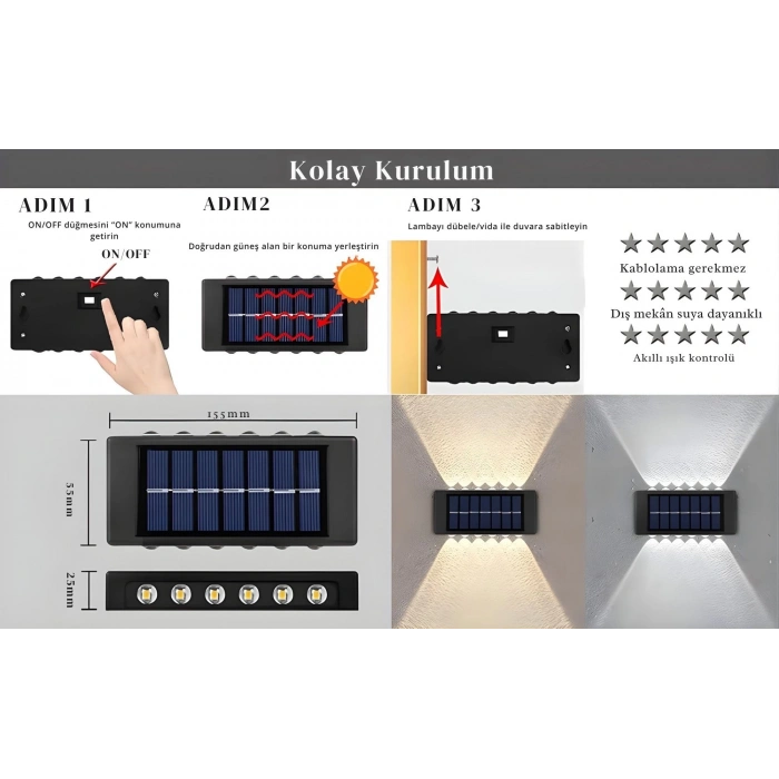 ShopyTech 12 LED Güneş Enerjili Çift Yönlü Duvar Lambası IP65 Otomatik Gece Aydınlatma Kablolamasız Montaj