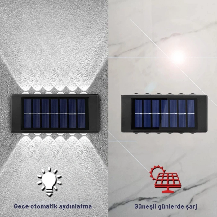 ShopyTech 12 LED Güneş Enerjili Çift Yönlü Duvar Lambası IP65 Otomatik Gece Aydınlatma Kablolamasız Montaj