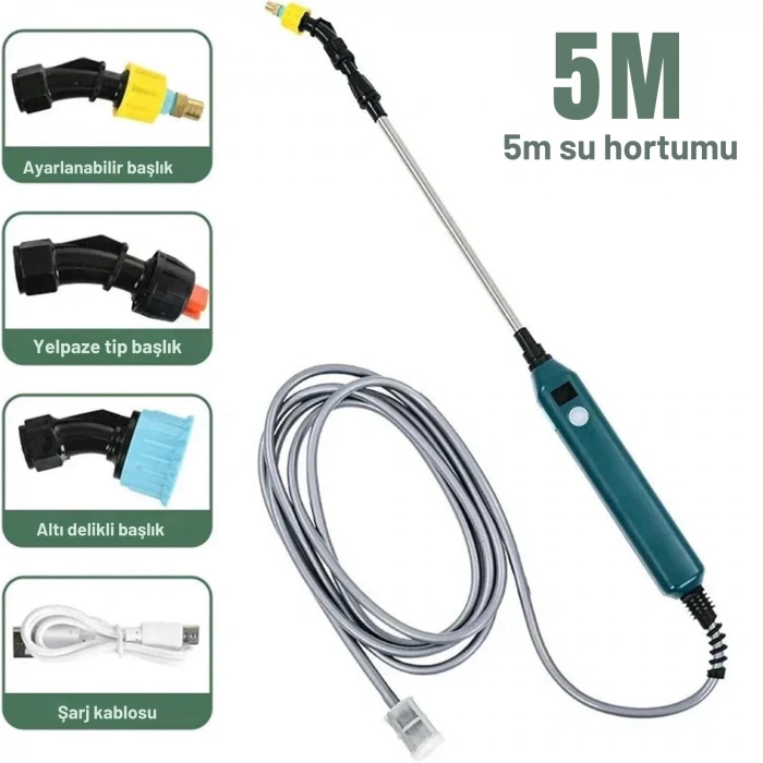 ShopyTech 2400 mAh Şarjlı Sulama Tabancası 3 Başlık Teleskopik Çubuk 5 m Emiş Hortumu Type,C