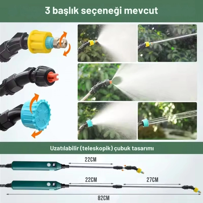 ShopyTech 2400 mAh Şarjlı Sulama Tabancası 3 Başlık Teleskopik Çubuk 5 m Emiş Hortumu Type,C