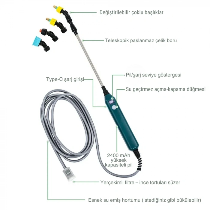 ShopyTech 2400 mAh Şarjlı Sulama Tabancası 3 Başlık Teleskopik Çubuk 5 m Emiş Hortumu Type,C