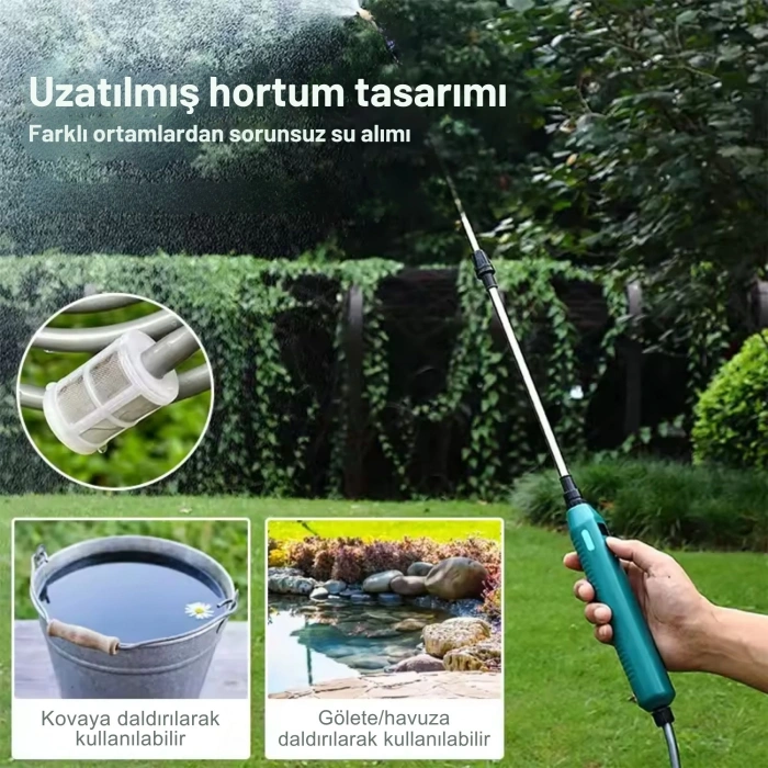 ShopyTech 2400 mAh Şarjlı Sulama Tabancası 3 Başlık Teleskopik Çubuk 5 m Emiş Hortumu Type,C