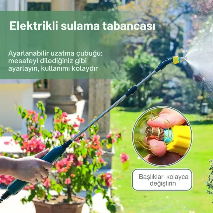 ShopyTech 2400 mAh Şarjlı Sulama Tabancası 3 Başlık Teleskopik Çubuk 5 m Emiş Hortumu Type,C