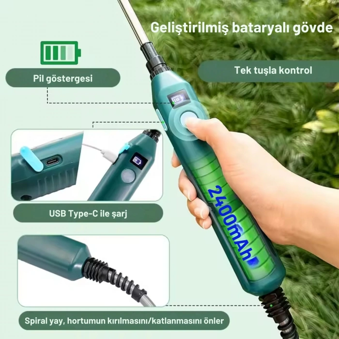 ShopyTech 2400 mAh Şarjlı Sulama Tabancası 3 Başlık Teleskopik Çubuk 5 m Emiş Hortumu Type,C