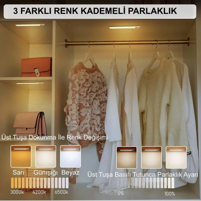 ShopyTech 50 cm Manyetik Şarjlı LED Dolap/Tezgâh Altı Lamba  Hareket Sensörlü 3 Renk Kısılabilir USB Type-C