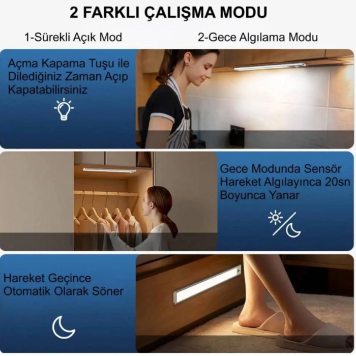 ShopyTech 50 cm Manyetik Şarjlı LED Dolap/Tezgâh Altı Lamba  Hareket Sensörlü 3 Renk Kısılabilir USB Type-C