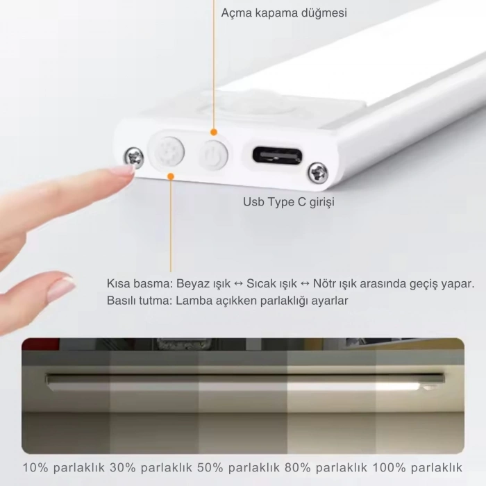 ShopyTech 50 cm Manyetik Şarjlı LED Dolap/Tezgâh Altı Lamba  Hareket Sensörlü 3 Renk Kısılabilir USB Type-C