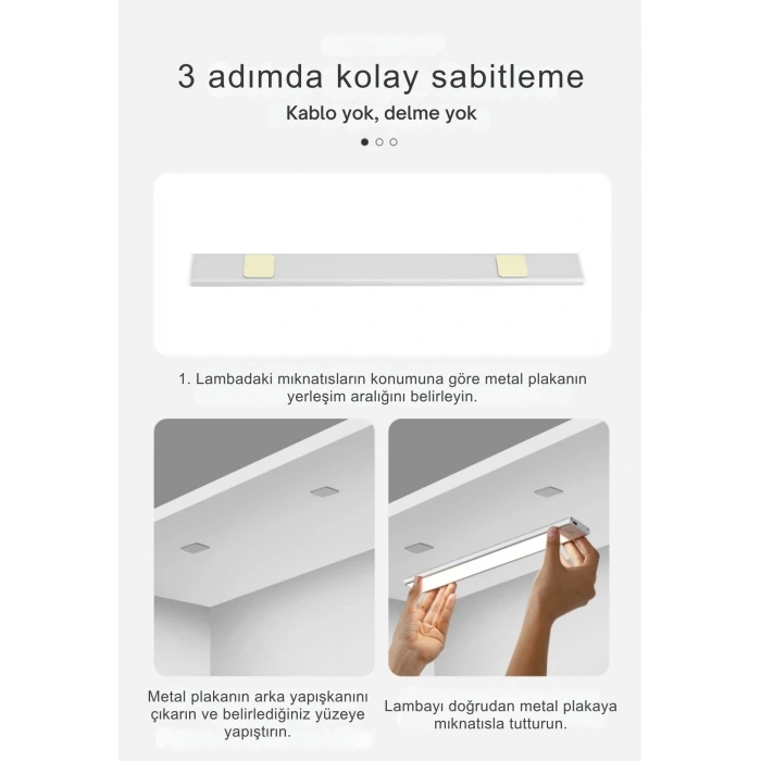 ShopyTech 50 cm Manyetik Şarjlı LED Dolap/Tezgâh Altı Lamba  Hareket Sensörlü 3 Renk Kısılabilir USB Type-C