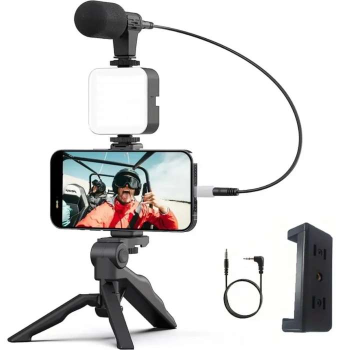 ShopyTech 5i 1 Arada Mikrofonlu LED Işıklı Vlog Kiti Tabanca Tutuşlu Masaüstü Tripod & Selfie Stick|Telefon/Kamera Uyumlu