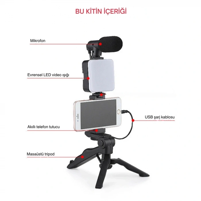 ShopyTech 5i 1 Arada Mikrofonlu LED Işıklı Vlog Kiti Tabanca Tutuşlu Masaüstü Tripod & Selfie Stick|Telefon/Kamera Uyumlu