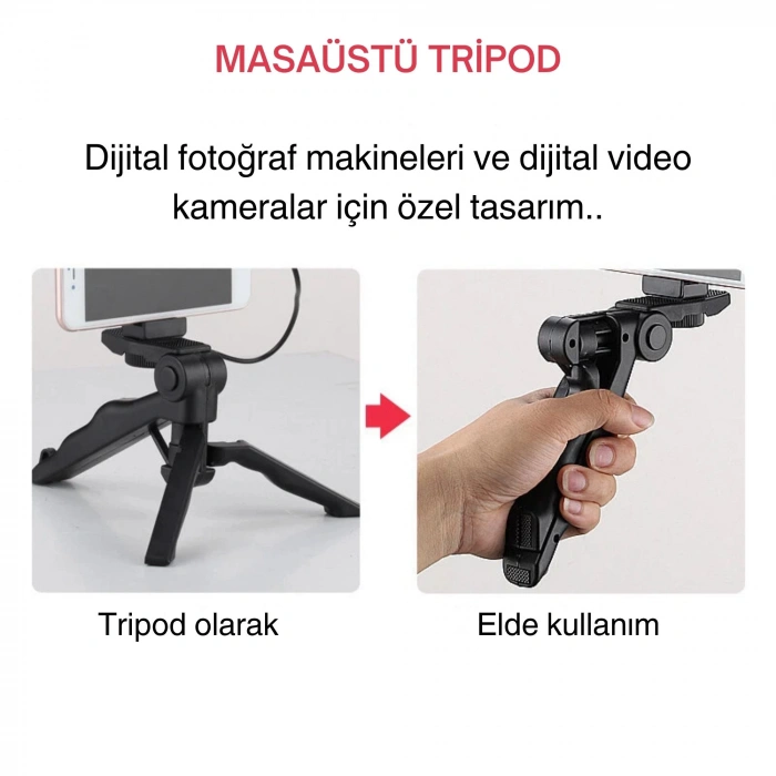 ShopyTech 5i 1 Arada Mikrofonlu LED Işıklı Vlog Kiti Tabanca Tutuşlu Masaüstü Tripod & Selfie Stick|Telefon/Kamera Uyumlu