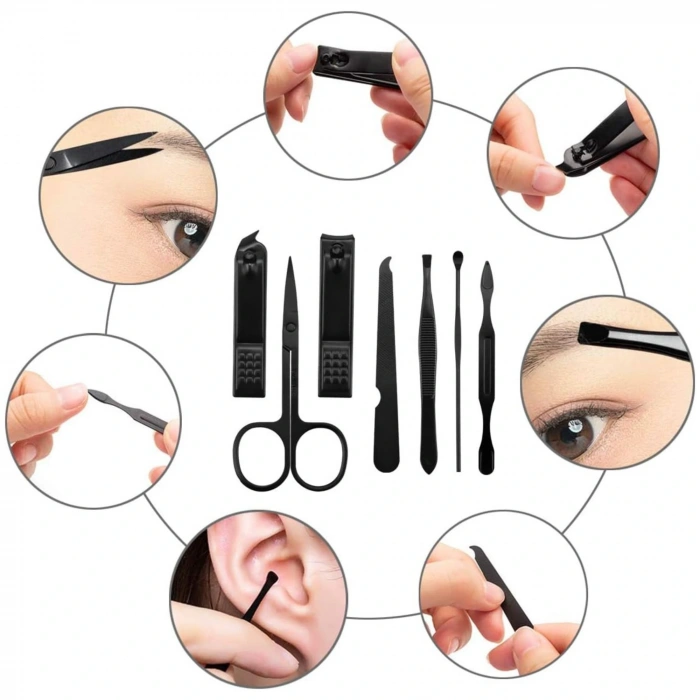 SHOPYTECH 7 Parça Profesyonel Manikür Pedikür Seti Siyah Lüks Seyahat Çantası, Kadın & Erkek Tırnak Bakım Kiti