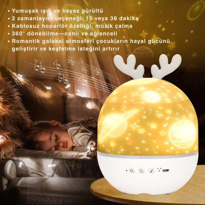 ShopyTech Bluetooth Hoparlörlü Yıldızlı Gece Lambası Projektör Geyik Boynuzlu Döner Işık Uzaktan Kumandalı  Zamanlayıcı USB Şarjlı 10 Tema Film