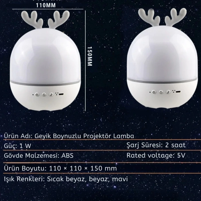 ShopyTech Bluetooth Hoparlörlü Yıldızlı Gece Lambası Projektör Geyik Boynuzlu Döner Işık Uzaktan Kumandalı  Zamanlayıcı USB Şarjlı 10 Tema Film