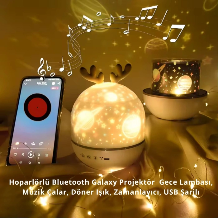 ShopyTech Bluetooth Hoparlörlü Yıldızlı Gece Lambası Projektör Geyik Boynuzlu Döner Işık Uzaktan Kumandalı  Zamanlayıcı USB Şarjlı 10 Tema Film
