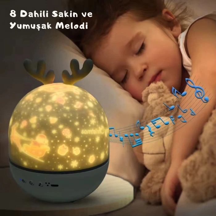 ShopyTech Bluetooth Hoparlörlü Yıldızlı Gece Lambası Projektör Geyik Boynuzlu Döner Işık Uzaktan Kumandalı  Zamanlayıcı USB Şarjlı 10 Tema Film