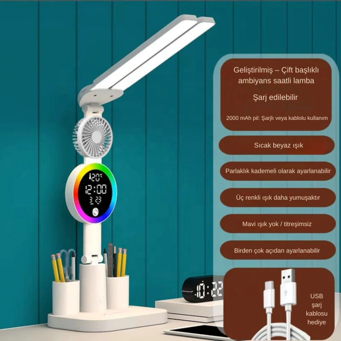 ShopyTech Çift Başlıklı LED Masa Lambası Fanlı Dijital Saatli RGB Ambiyans Dokunmatik Type-C Şarjlı