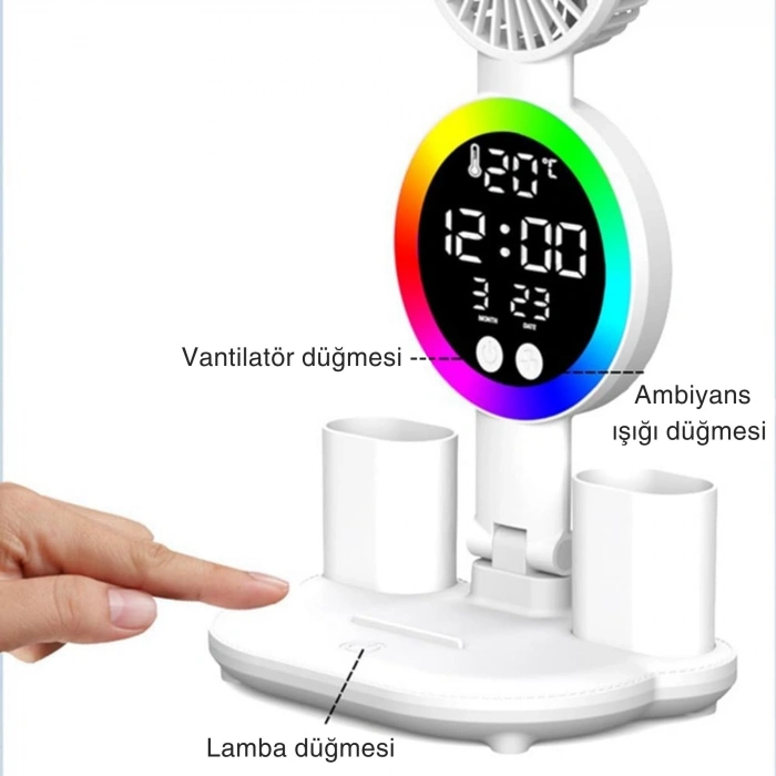 ShopyTech Çift Başlıklı LED Masa Lambası Fanlı Dijital Saatli RGB Ambiyans Dokunmatik Type-C Şarjlı