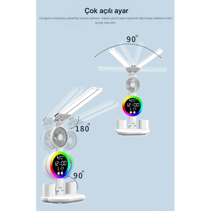 ShopyTech Çift Başlıklı LED Masa Lambası Fanlı Dijital Saatli RGB Ambiyans Dokunmatik Type-C Şarjlı